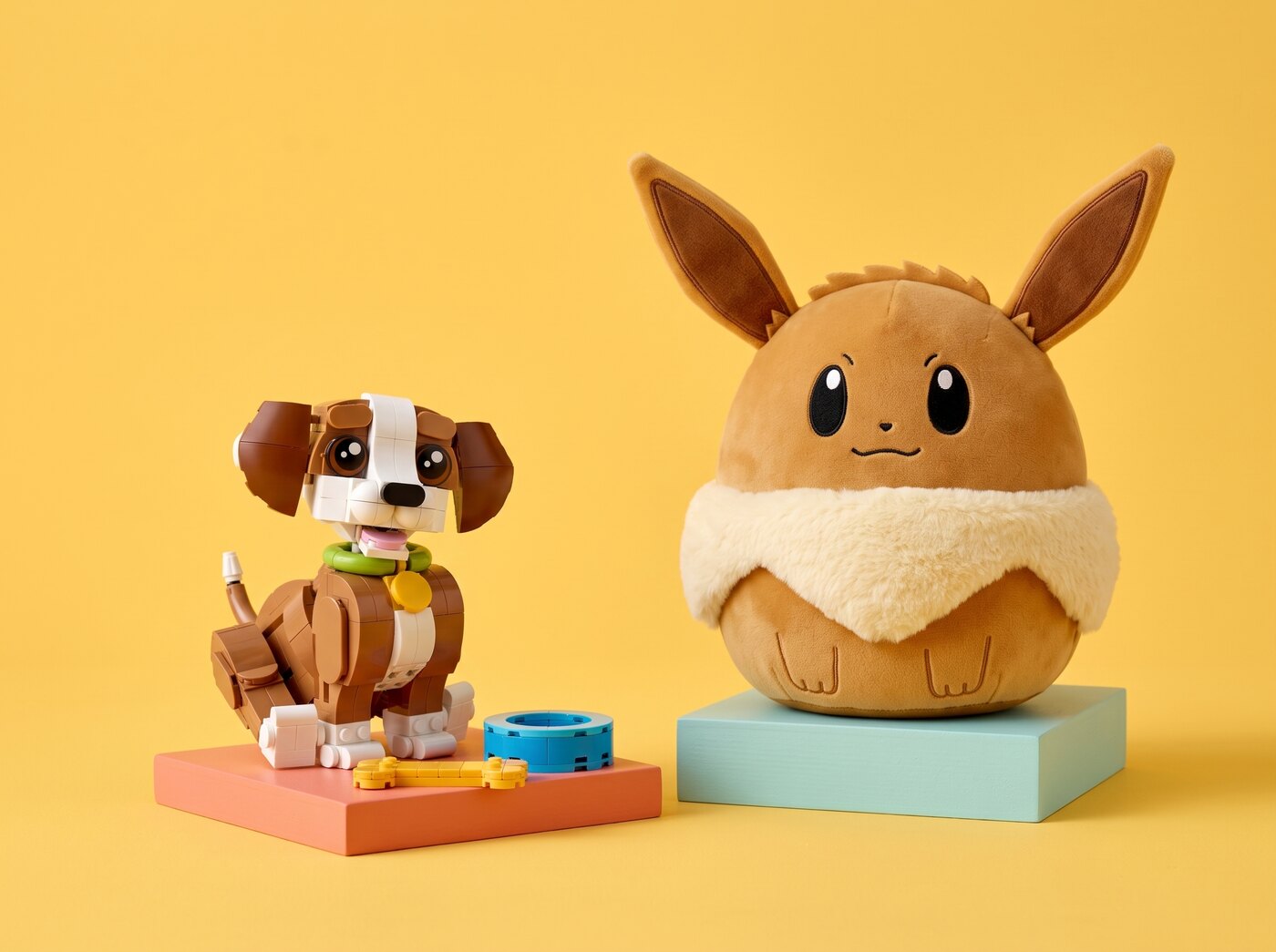 LEGO puppy and Eevee Squishmallows in a colourful toy scene
