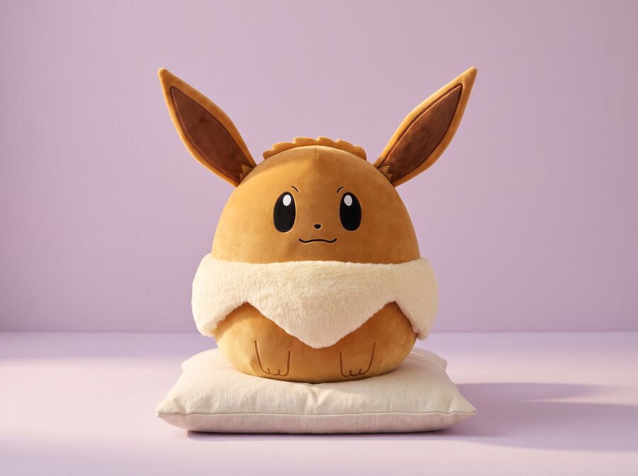 Eevee Squishmallows plush on a soft lilac background